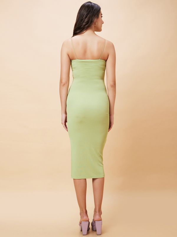 Globus Women Green Solid Ribbed Strappy Casual Midi Bodycon Dress