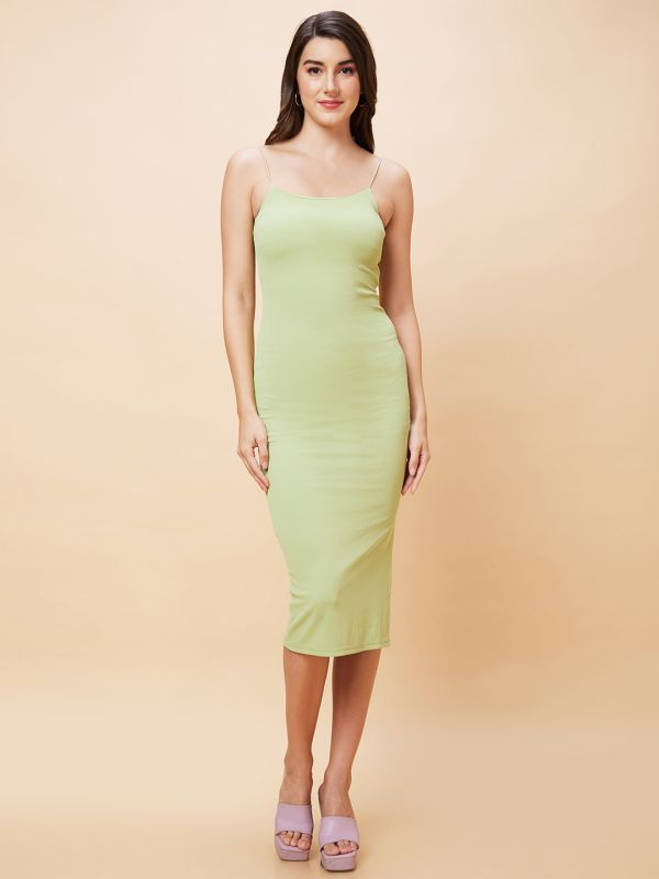 Globus Women Green Solid Ribbed Strappy Casual Midi Bodycon Dress