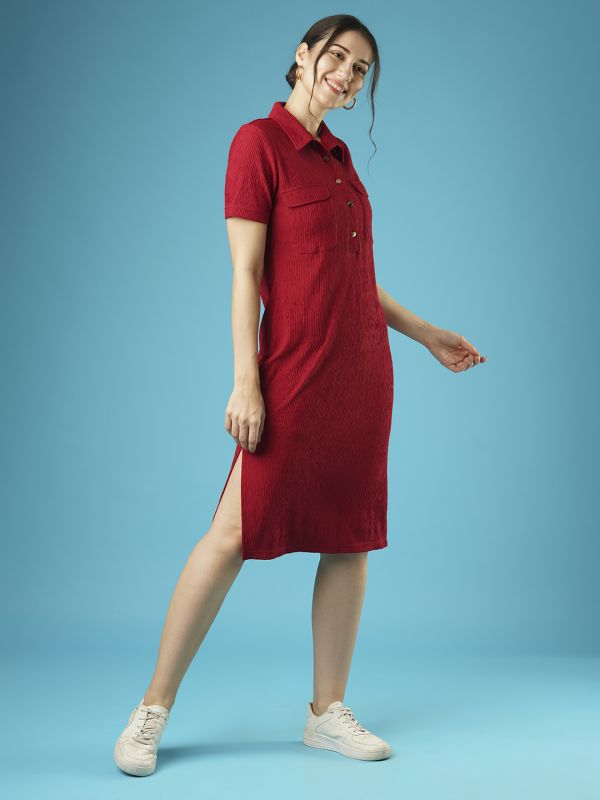 Globus Women Maroon Self Design Shirt Collar Pocket Detail Midi Sheath Workwear Dress