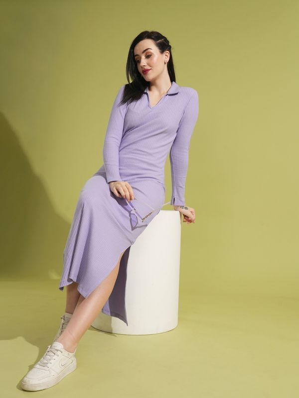 Globus Women Lavender Full Sleeves Collared Neck Ribbed Bodycon Side Slit Maxi Dress