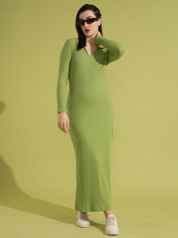 Globus Women Green Full Sleeves Collared Neck Ribbed Bodycon Side Slit Maxi Dress