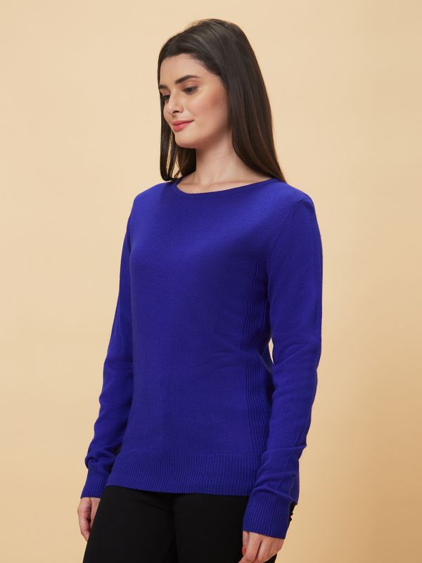 Globus Women Blue Solid Round Neck Casual Top