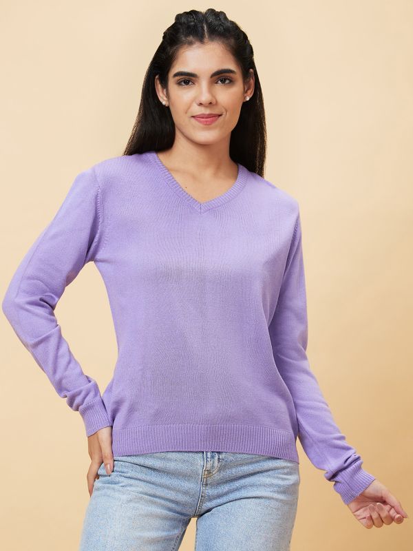 Globus Women Purple Solid V-Neck Casual Top