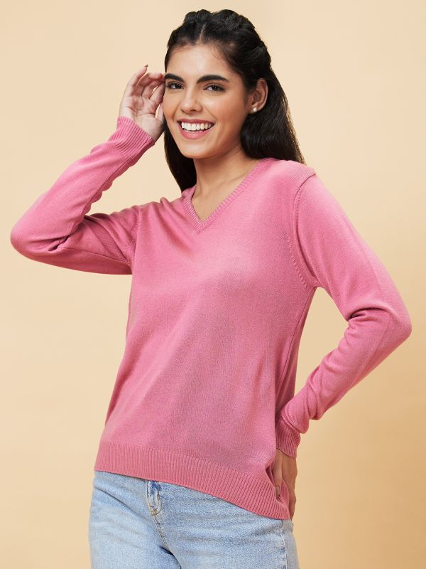 Globus Women Pink Solid V-Neck Casual Top