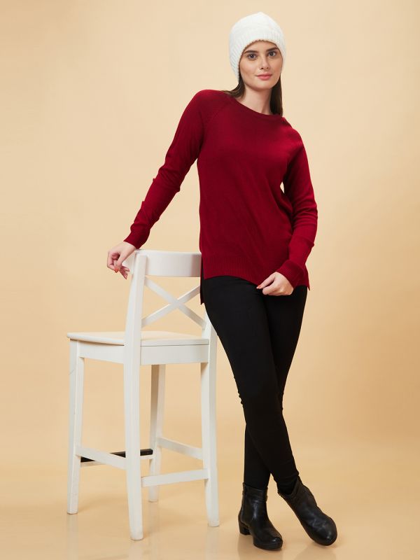 Globus Women Red Reglan Sleeve With Ribbed Hem Acrylic Sweater