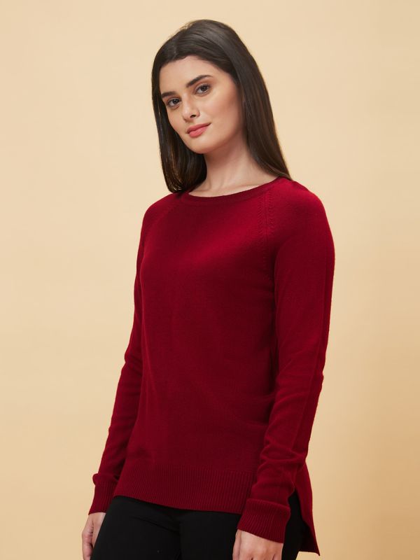 Globus Women Red Reglan Sleeve With Ribbed Hem Acrylic Sweater