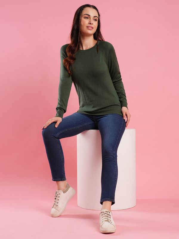 Globus Women Green Round Neck Raglan Sleeves Ribbed High Low Hem Flat Knitted Pullover