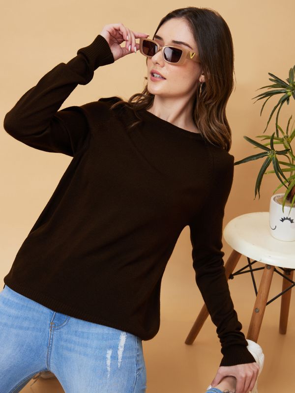 Globus Women Brown Solid Raglan Sleeves Pullover Top