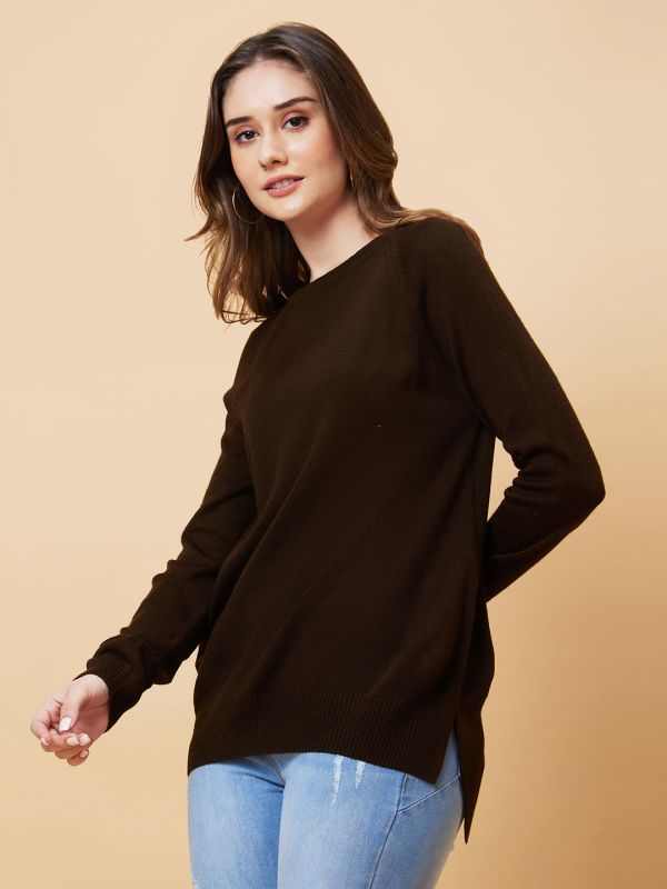 Globus Women Brown Solid Raglan Sleeves Pullover Top