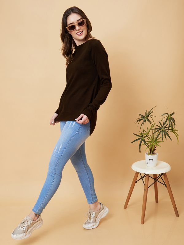 Globus Women Brown Solid Raglan Sleeves Pullover Top