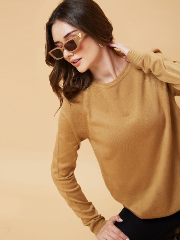 Globus Women Coffee Brown Solid Raglan Sleeves Pullover Top