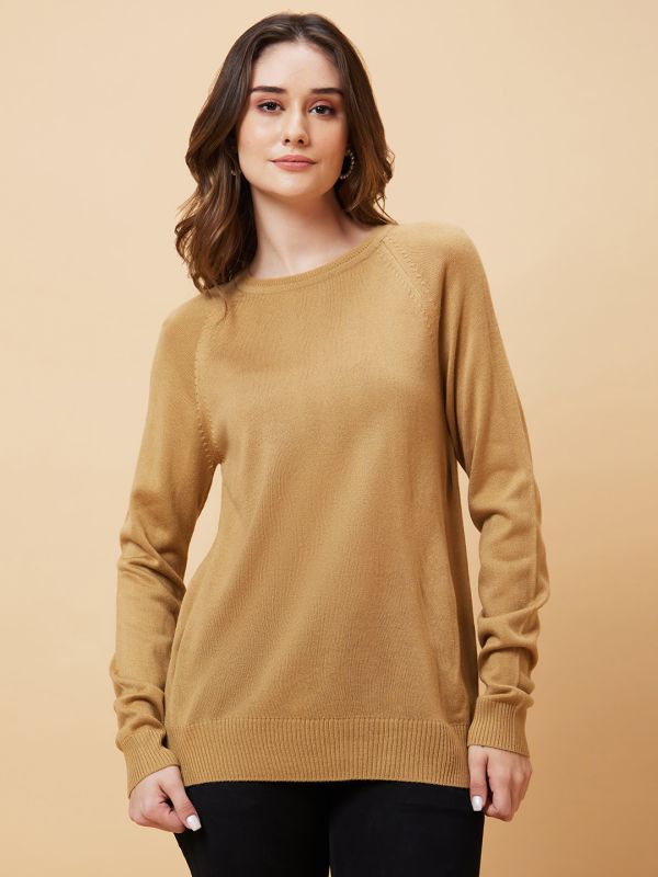 Globus Women Coffee Brown Solid Raglan Sleeves Pullover Top