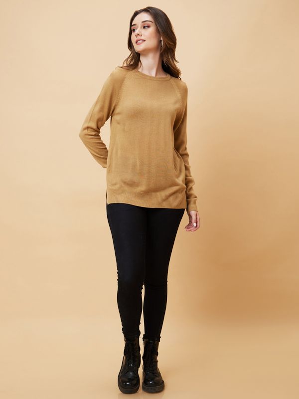 Globus Women Coffee Brown Solid Raglan Sleeves Pullover Top