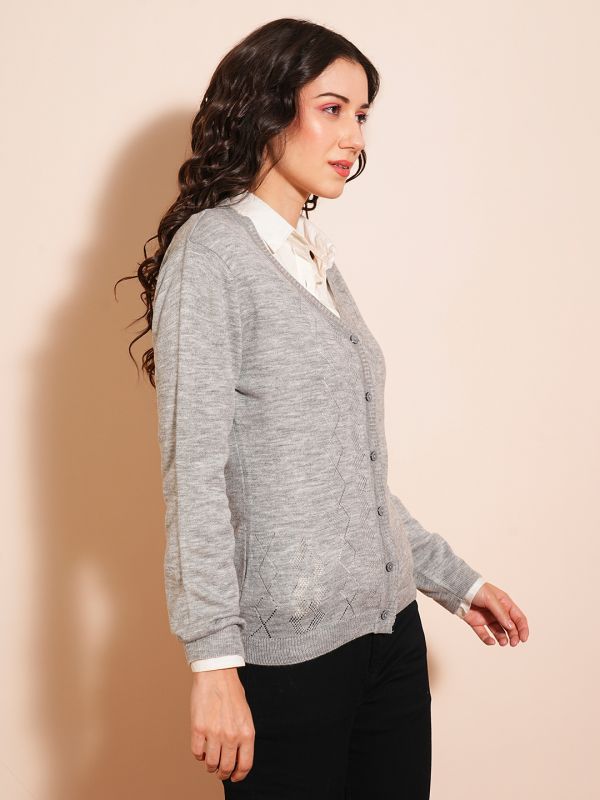 Globus Women Grey V-Neck Full Sleeves Self Design Ribbed Hem Cardigan Sweater