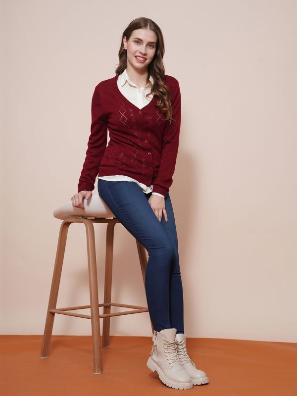 Globus Women Maroon V-Neck Full Sleeves Self Design Ribbed Hem Cardigan Sweater