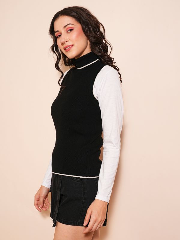 Globus Women Black & White Tipping Turtle Neck Ribbed Vest Style Sweater 