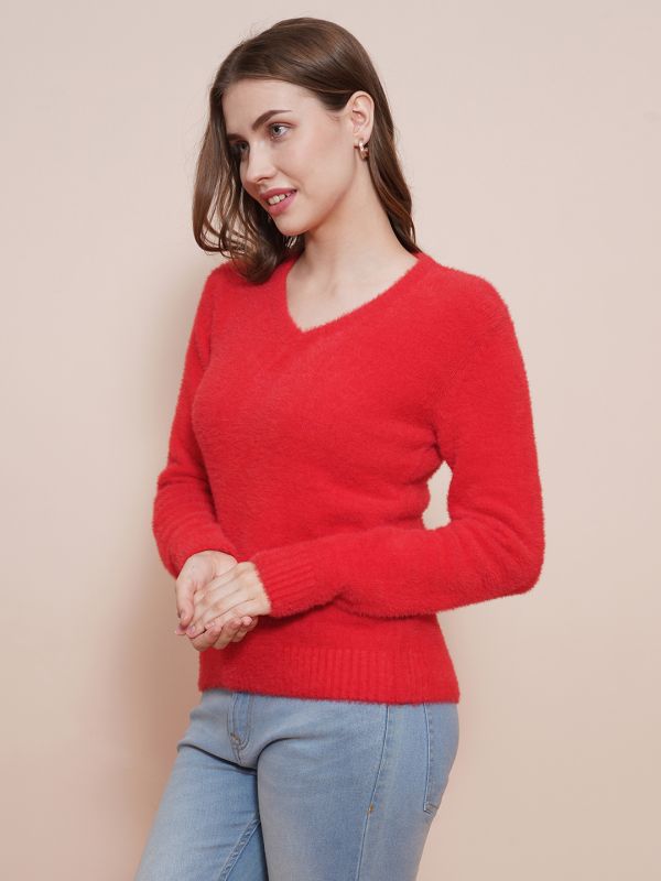 Globus Women Red V-Neck Full Sleeves Faux Fur Knitted Ribbed Hem Pullover Sweater