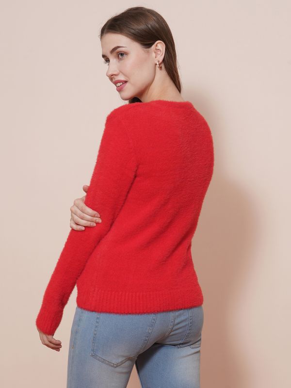 Globus Women Red V-Neck Full Sleeves Faux Fur Knitted Ribbed Hem Pullover Sweater