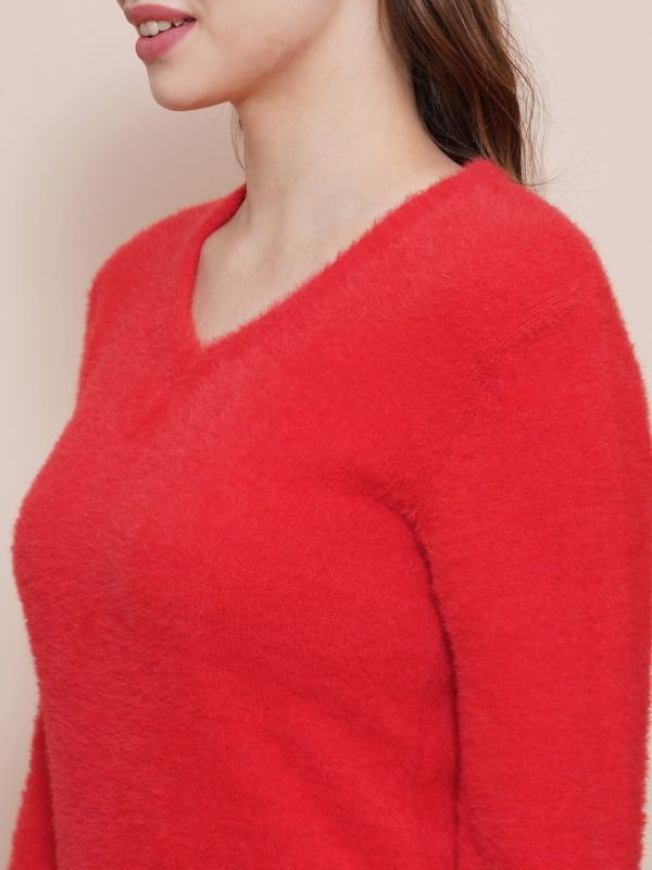 Globus Women Red V-Neck Full Sleeves Faux Fur Knitted Ribbed Hem Pullover Sweater