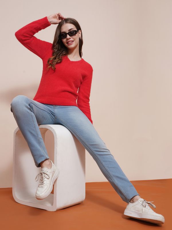 Globus Women Red V-Neck Full Sleeves Faux Fur Knitted Ribbed Hem Pullover Sweater