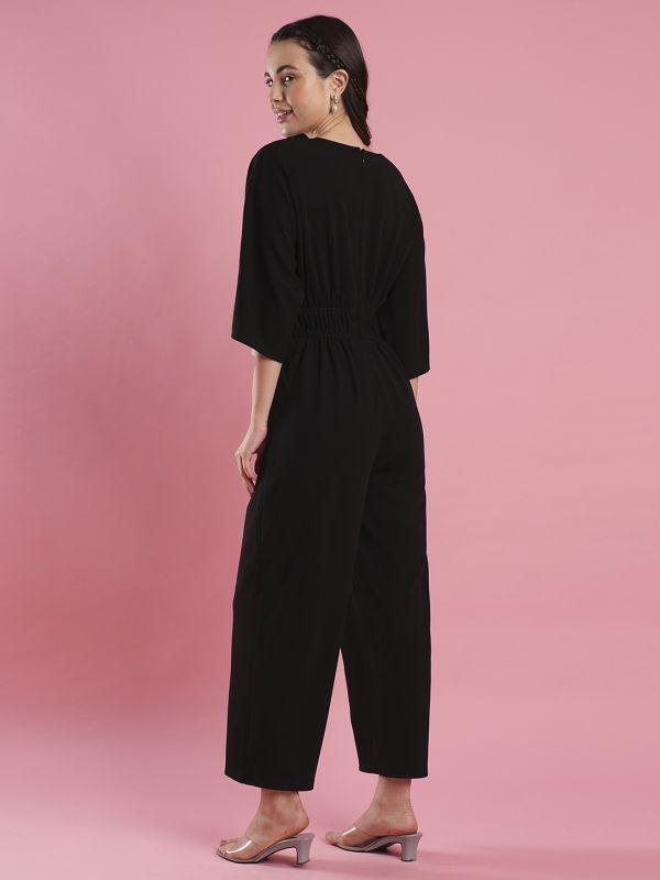 Globus Women Black V-Neck Batwing Sleeves Cut-out detail Long Jumpsuit