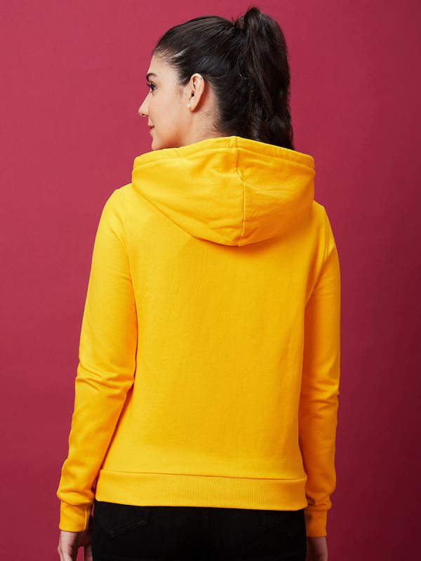 Globus Women Yellow Solid Casual Zip Front Hooded Drop Shoulder Sweatshirt