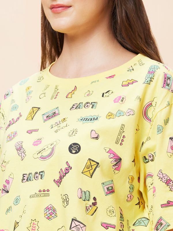 Globus Women Yellow Conversational Print Round Neck Casual Boxy Fit Crop T-Shirt