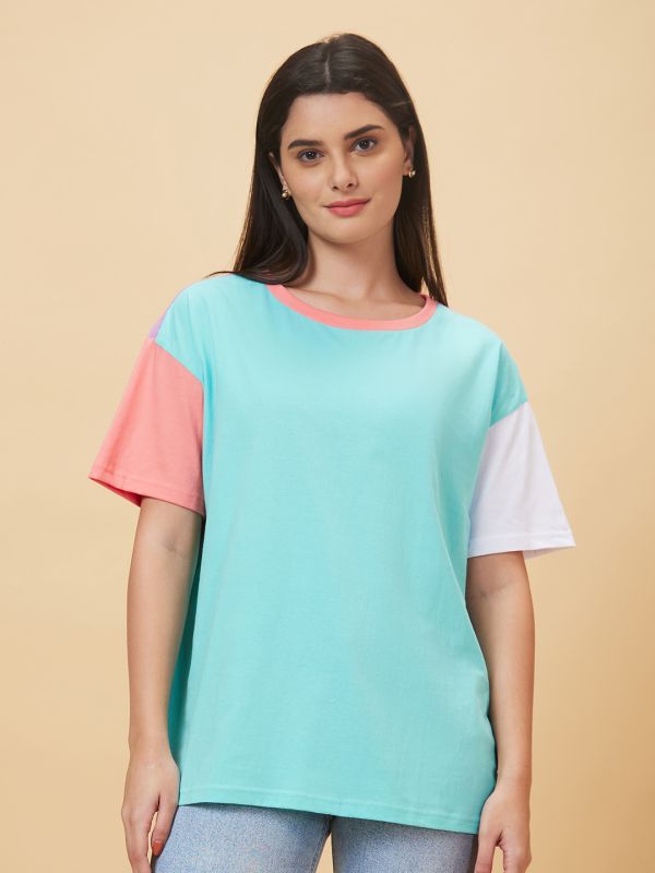 Globus Women Green Colourblocked Round Neck Casual Boxy Fit T-shirt