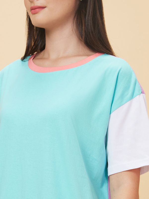 Globus Women Green Colourblocked Round Neck Casual Boxy Fit T-shirt