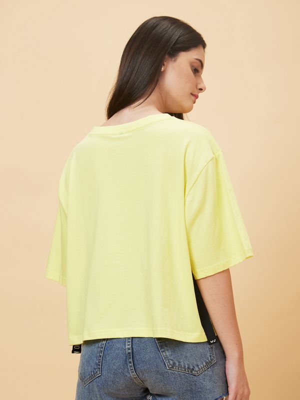 Globus Women Yellow Printed Round Neck Casual Boxy Fit T-shirt