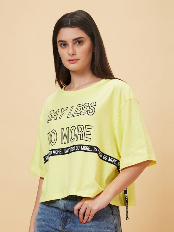 Globus Women Yellow Printed Round Neck Casual Boxy Fit T-shirt