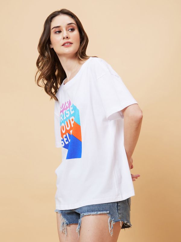Globus Women White Typography Print Round Neck Boxy Fit Casual T-Shirt