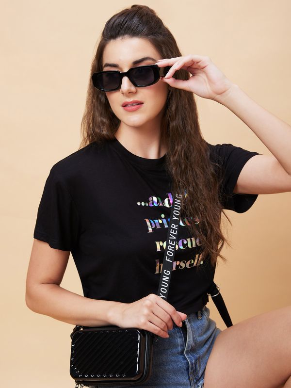 Globus Women Black Typography Print Round Neck Casual Boxy Fit Crop T-Shirt