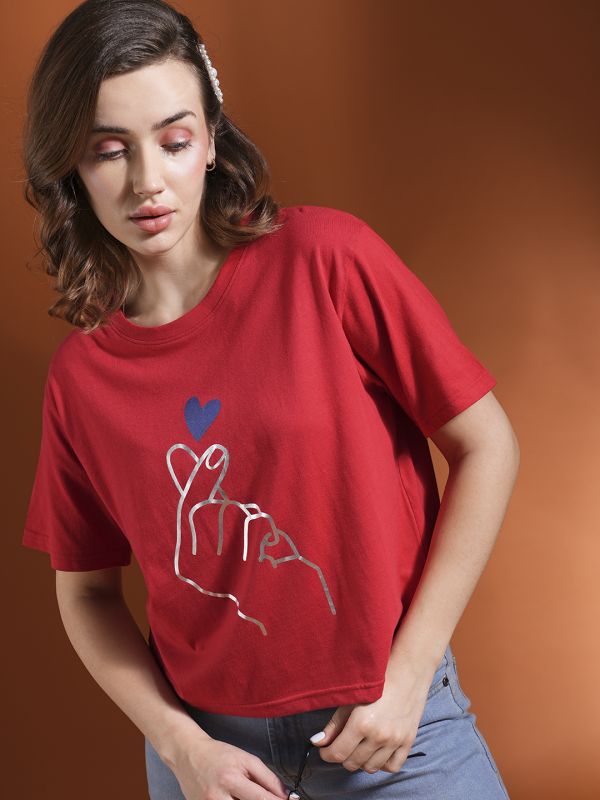 Globus Women Red Drop Shoulder Korean Graphic Printed Oversized Trendy Crop T-Shirt