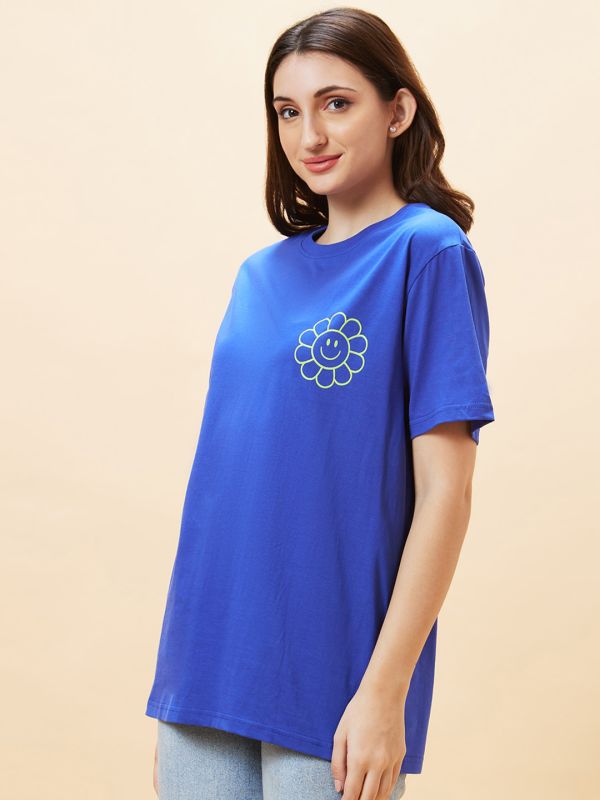 Globus Women Blue Typography Back Print Round Neck Oversized Casual T-Shirt