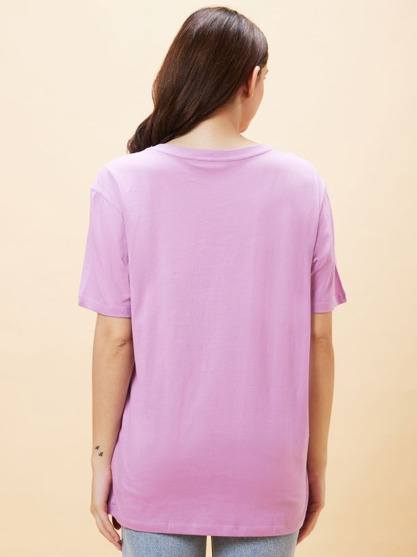 Globus Women Lilac Conversational Print Round Neck Oversized Casual T-Shirt