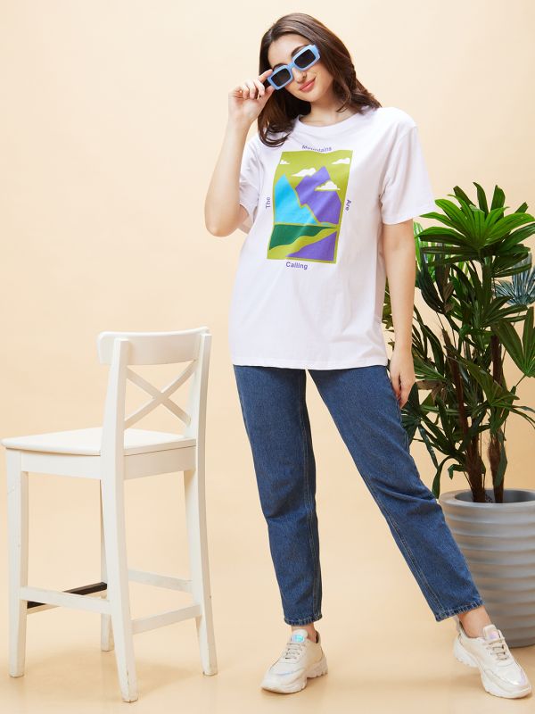 Globus Women White Graphic Print Round Neck Oversized Casual T-Shirt