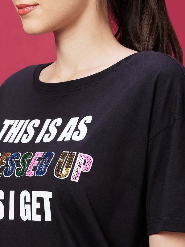Globus Women Black Typography Printed Drop-Shoulder Sleeves Boxy Tshirt