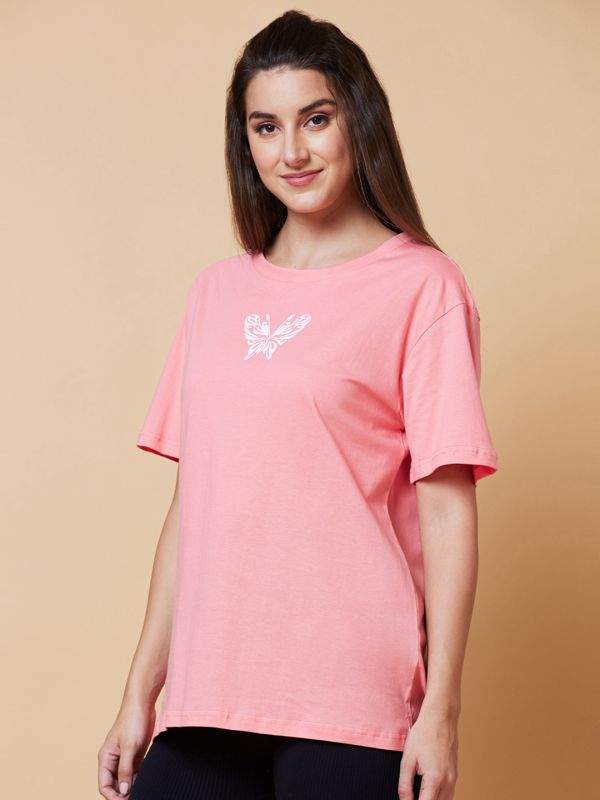 Globus Women Peach Typography Print Boxy Fit Cotton Casual T-Shirt