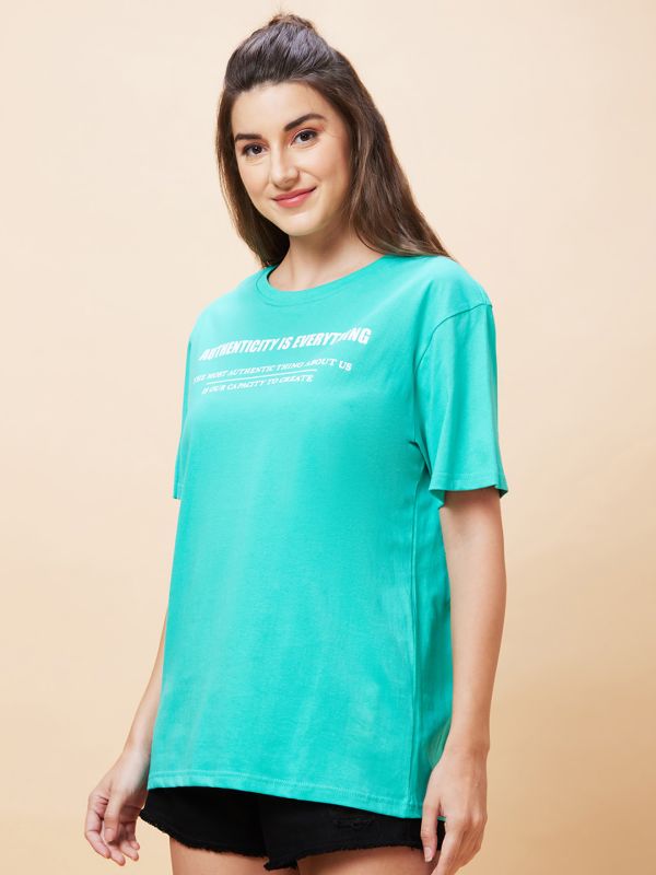 Globus Women Green Typography Print Round Neck Casual Boxy Fit T-Shirt