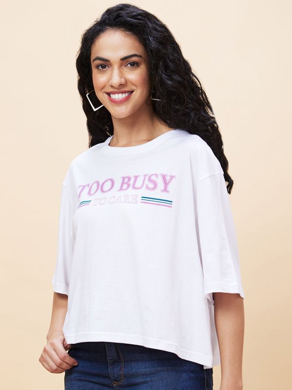 Globus Women White Typography Print Round Neck Boxy Fit Crop T-shirt