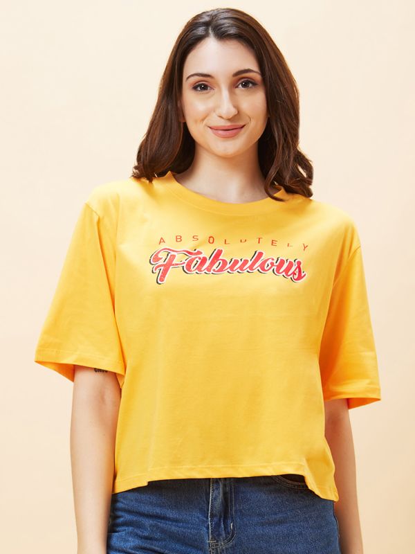 Globus Women Yellow Typography Print Round Neck Boxy Fit Casual Crop T-Shirt