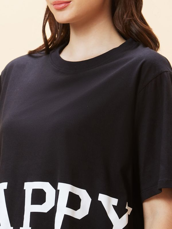Globus Women Black Typography Print Round Neck Boxy Fit Casual Crop T-Shirt