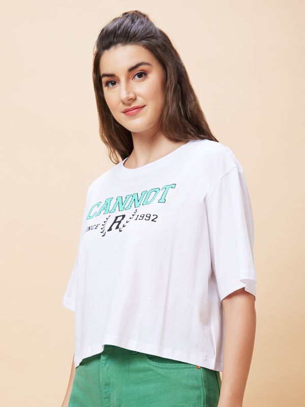 Globus Women White Typography Print Round Neck Casual Boxy Fit Crop T-Shirt