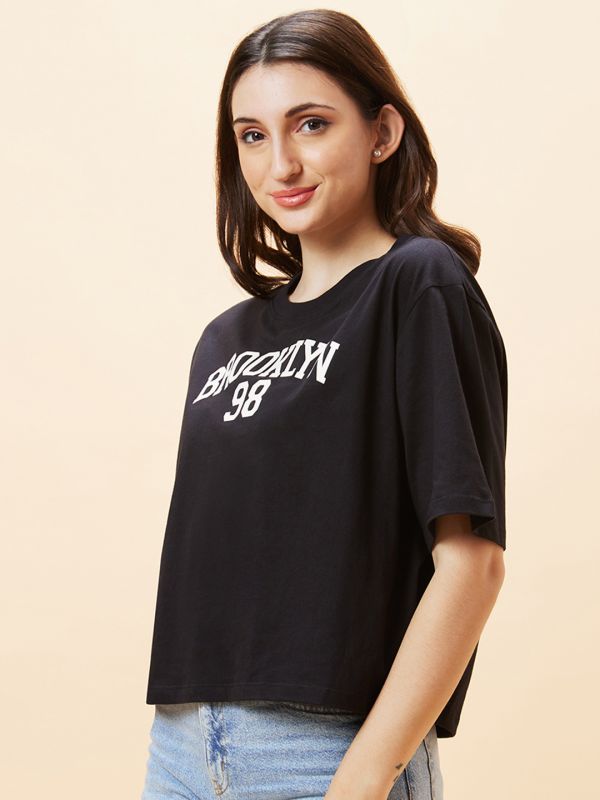 Globus Women Black Typography Print Round Neck Boxy Fit Casual Crop T-Shirt