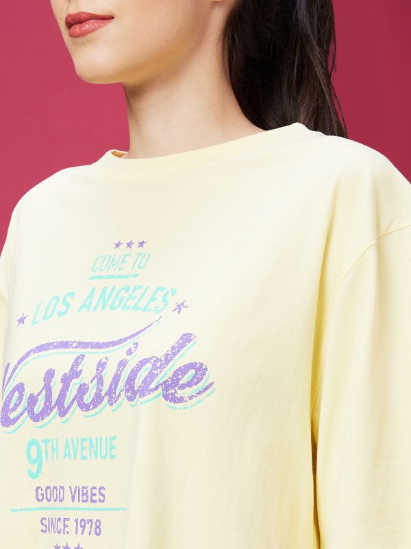 Globus Women Yellow Typography Print Drop-Shoulder Sleeves Crop Boxy Tshirt