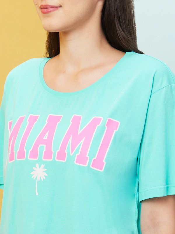 Globus Women Mint Green Typography Print Drop Shoulder Sleeves Oversized Tshirt