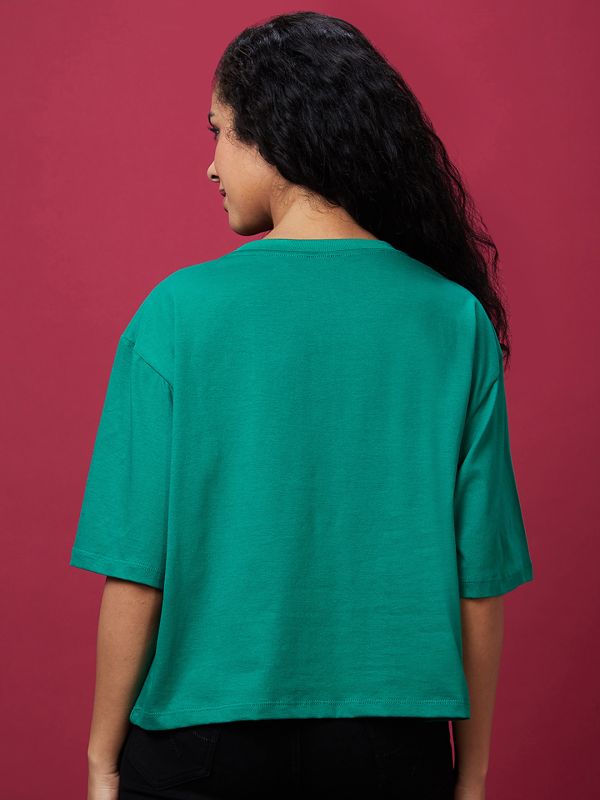 Globus Women Green Typography Print Boxy Drop Shoulder Tshirt