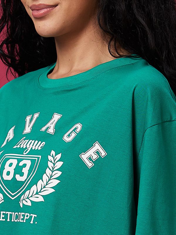 Globus Women Green Typography Print Boxy Drop Shoulder Tshirt