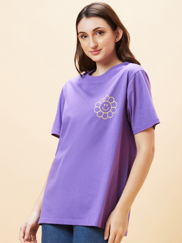 Globus Women Purple Typography Back Print Round Neck Oversized Casual T-Shirt